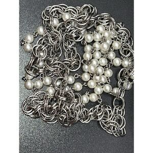 Chunky Chain Faux Pearl Necklace Double Layer Silver Tone